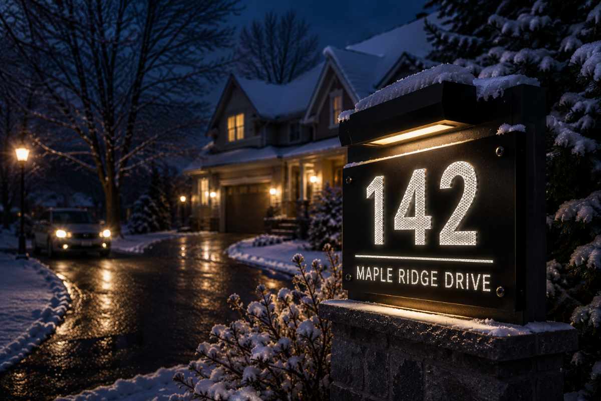 Reflective house number sign during snowy evening in Amherst