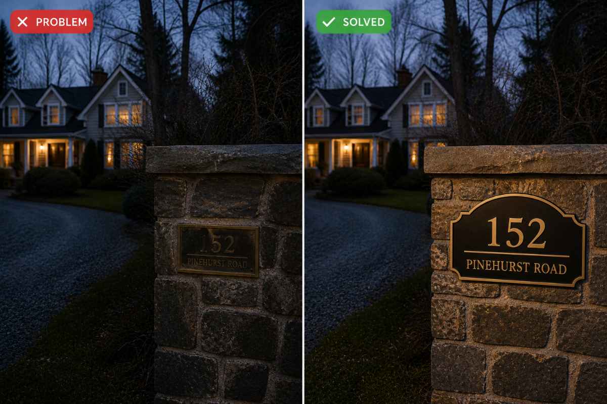 Traditional plaque-style address sign on Maritime home
