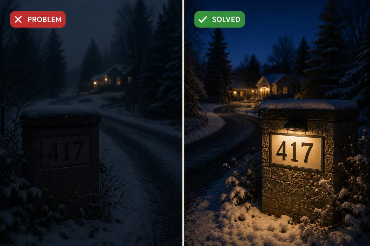 Rural driveway illuminated house number sign