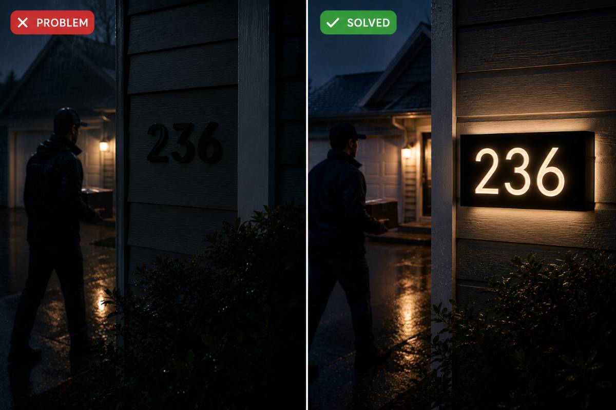 Delivery driver spotting illuminated address sign