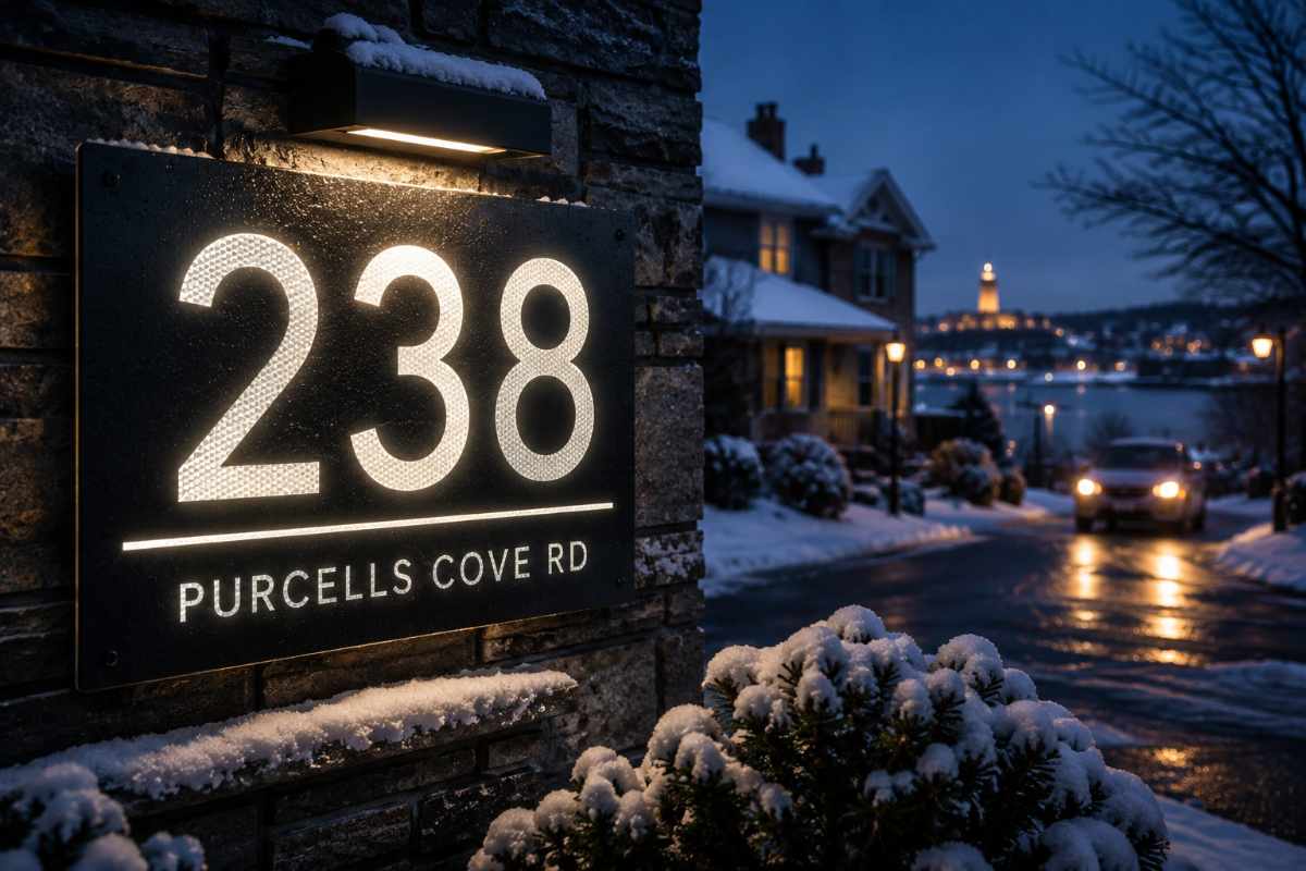 Reflective house number sign in winter conditions