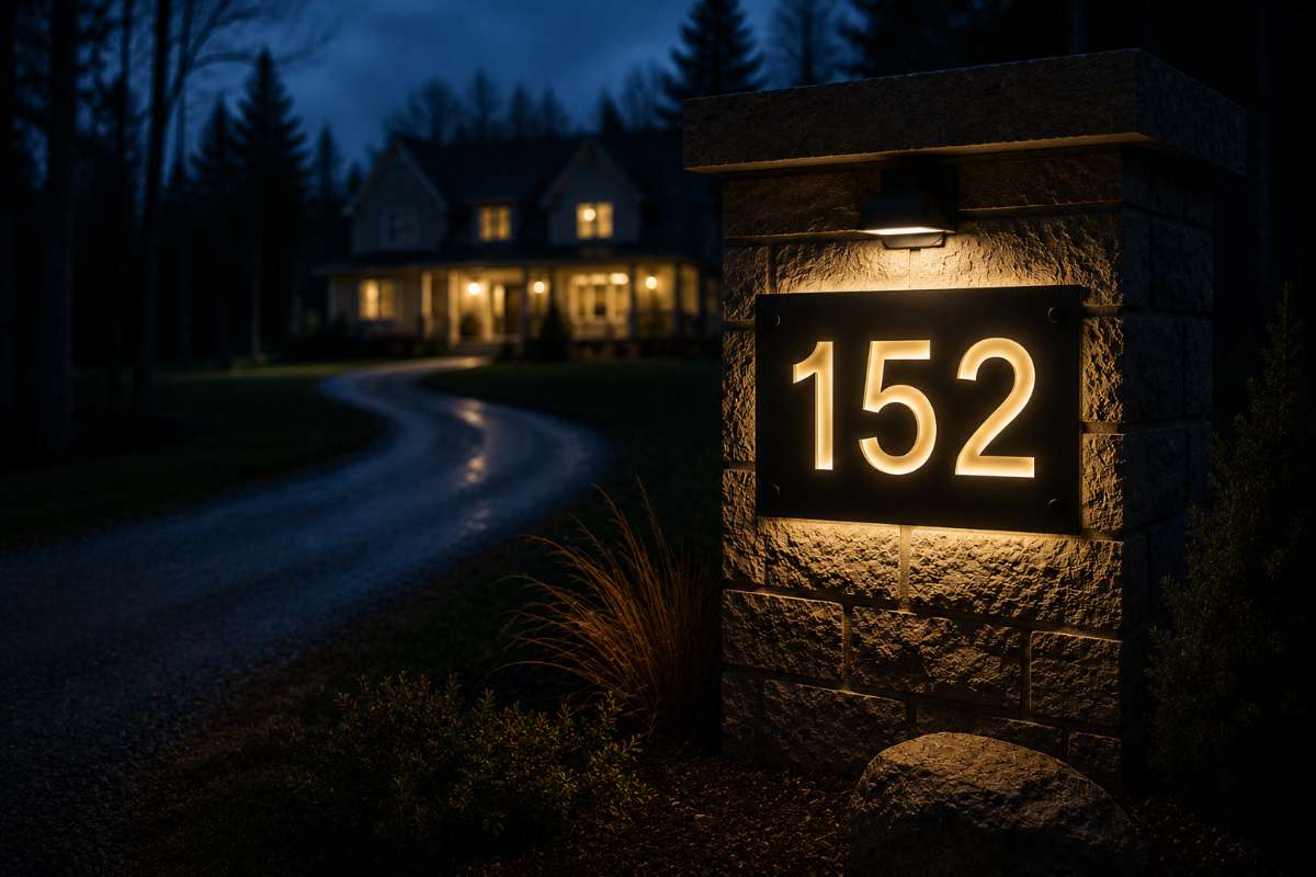 LED illuminated address sign during evening
