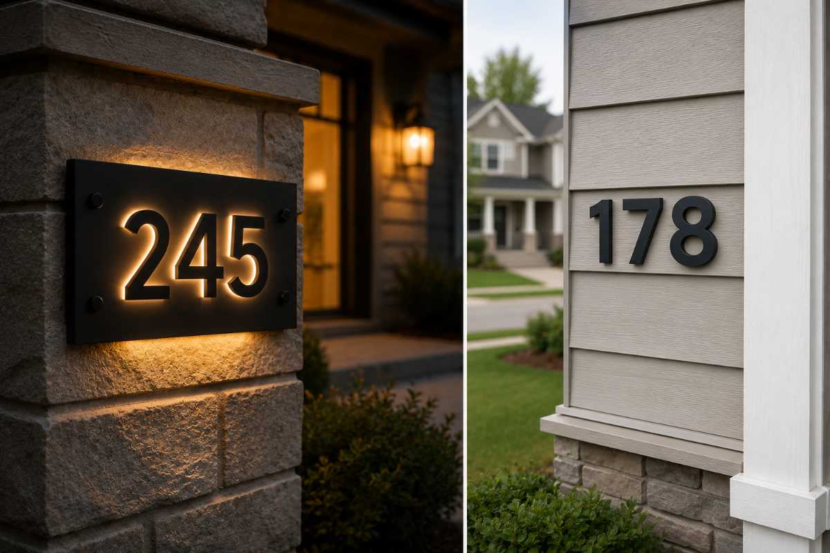 Modern illuminated house number sign exterior