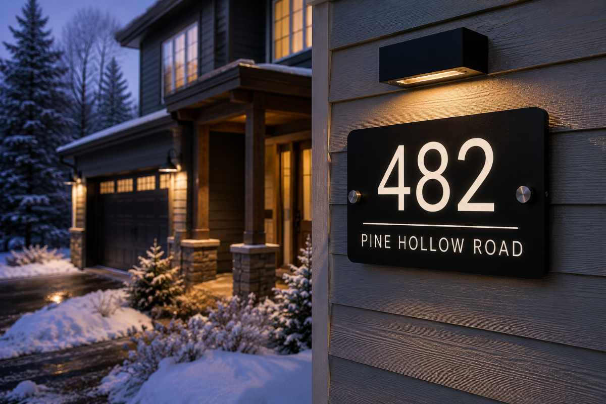Outdoor address sign in residential property