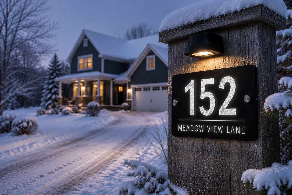 Reflective house number sign during winter conditions