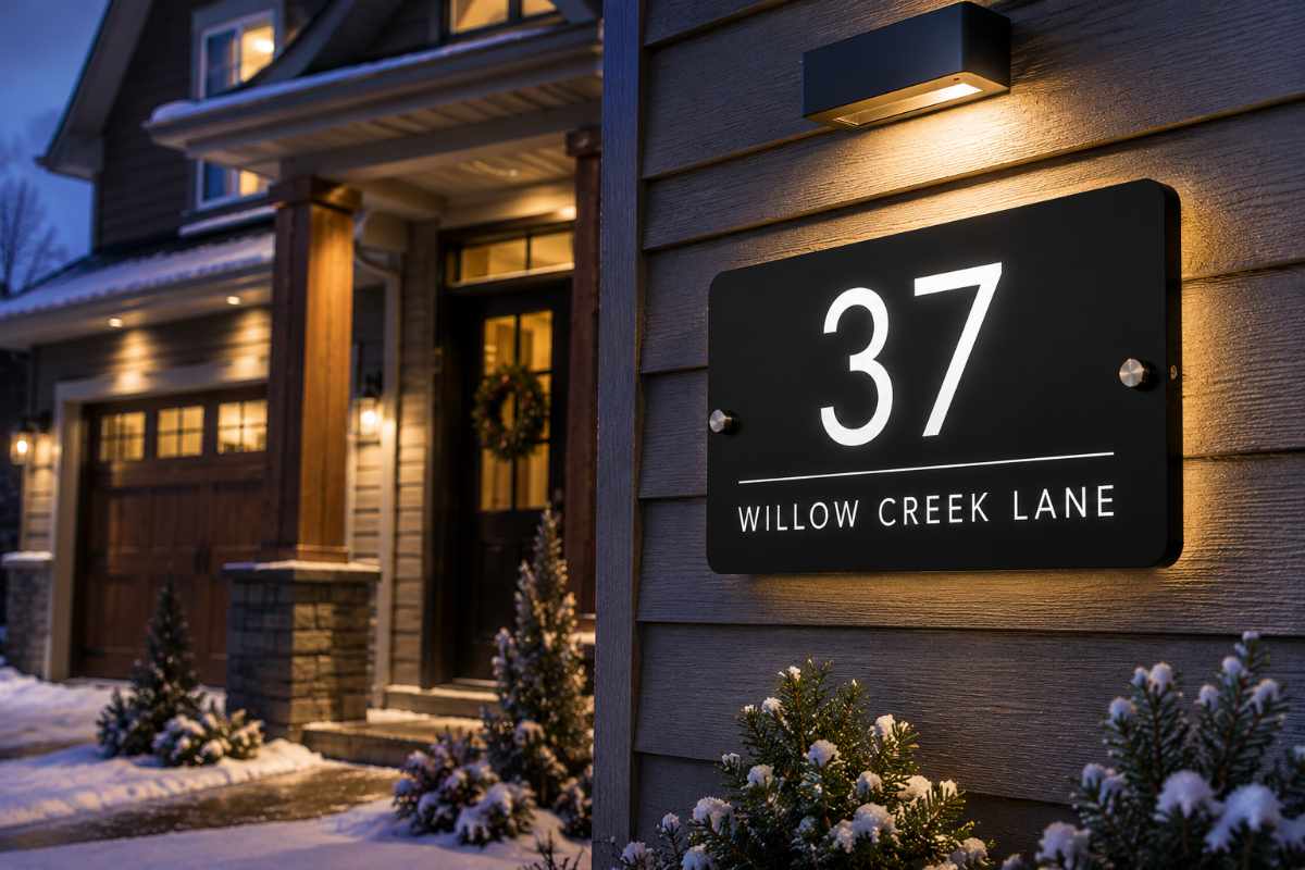 Outdoor address sign in residential property