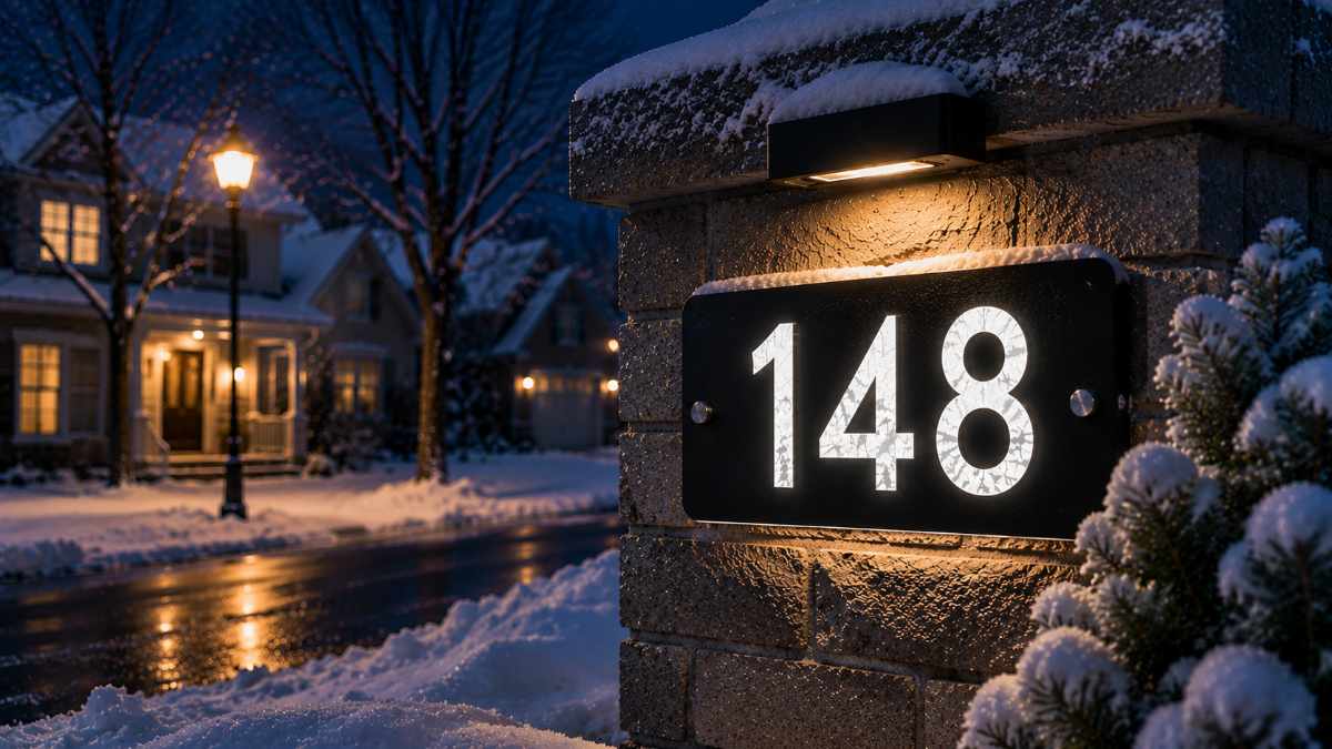 Reflective house number sign during winter conditions