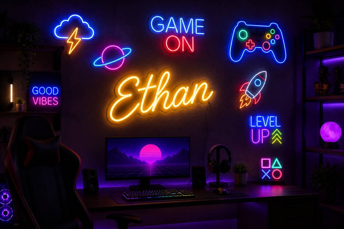 Personalized neon name sign in gaming room
