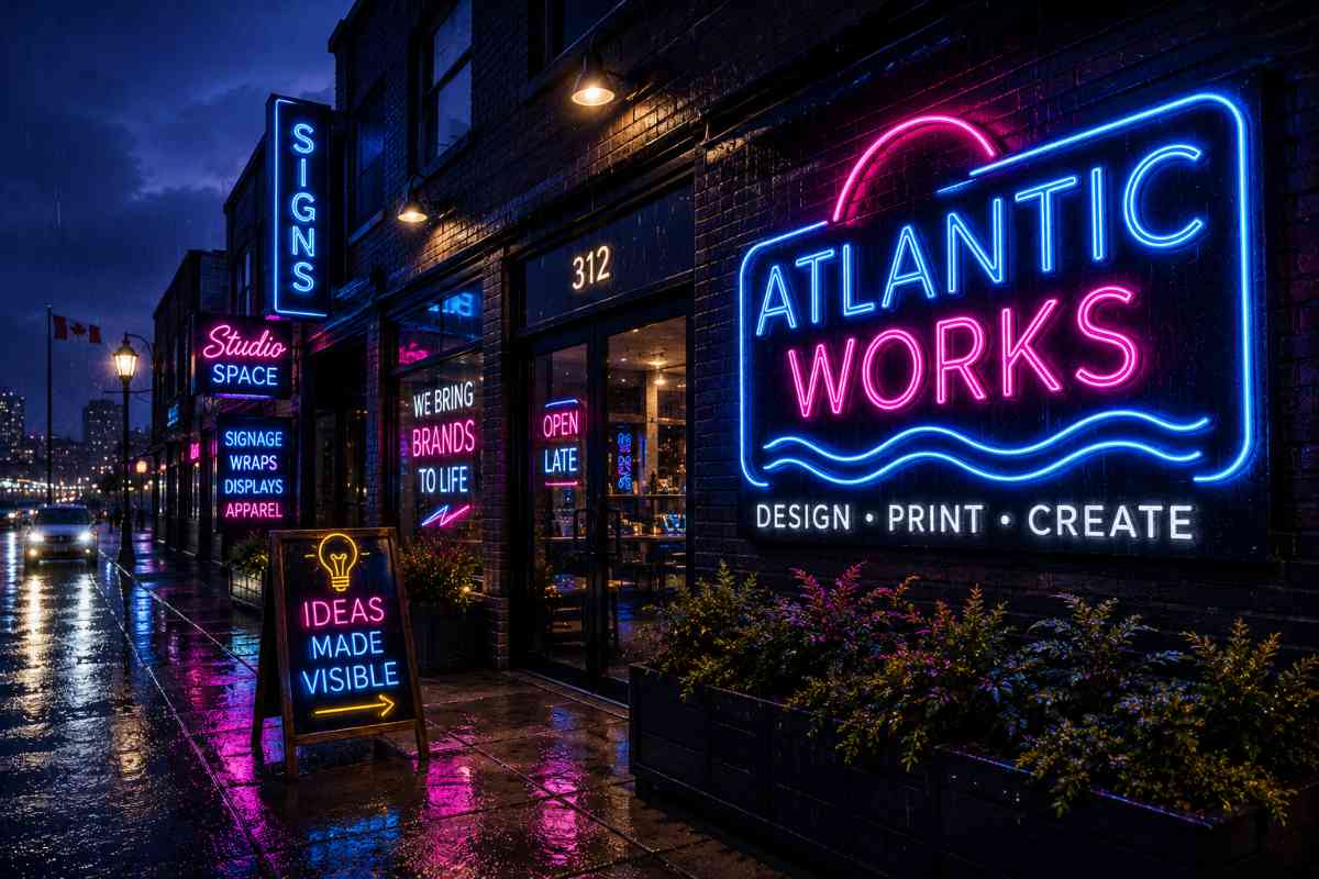 Outdoor LED neon sign during rainy evening