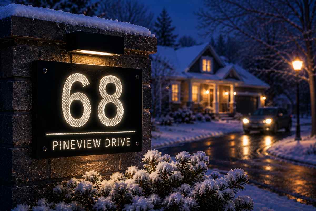 Reflective house number sign during winter conditions in Oxford