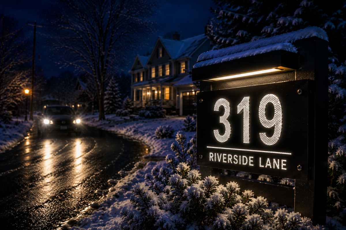 Reflective address sign visible at night in Nova Scotia