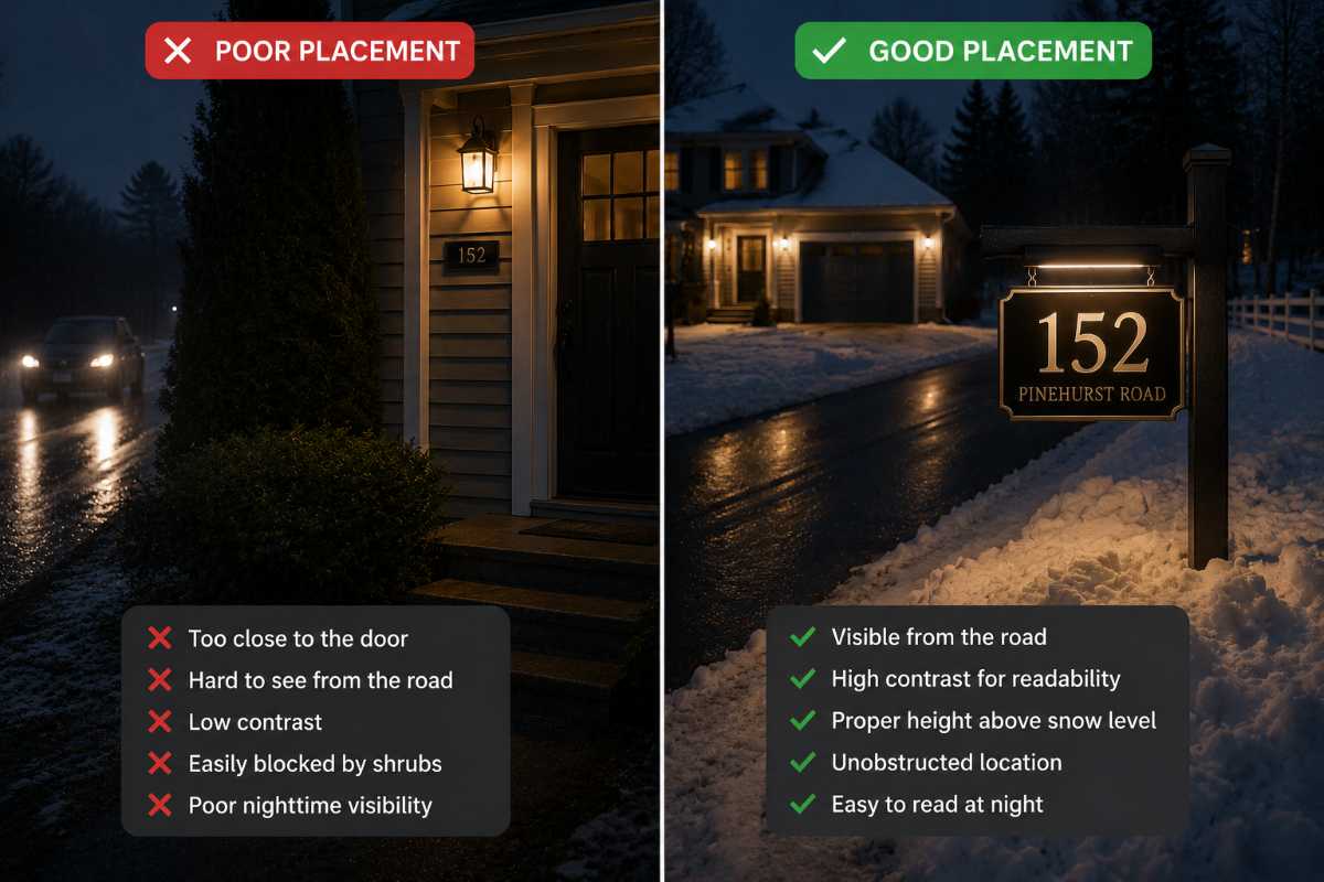 Proper vs poor house number sign placement comparison