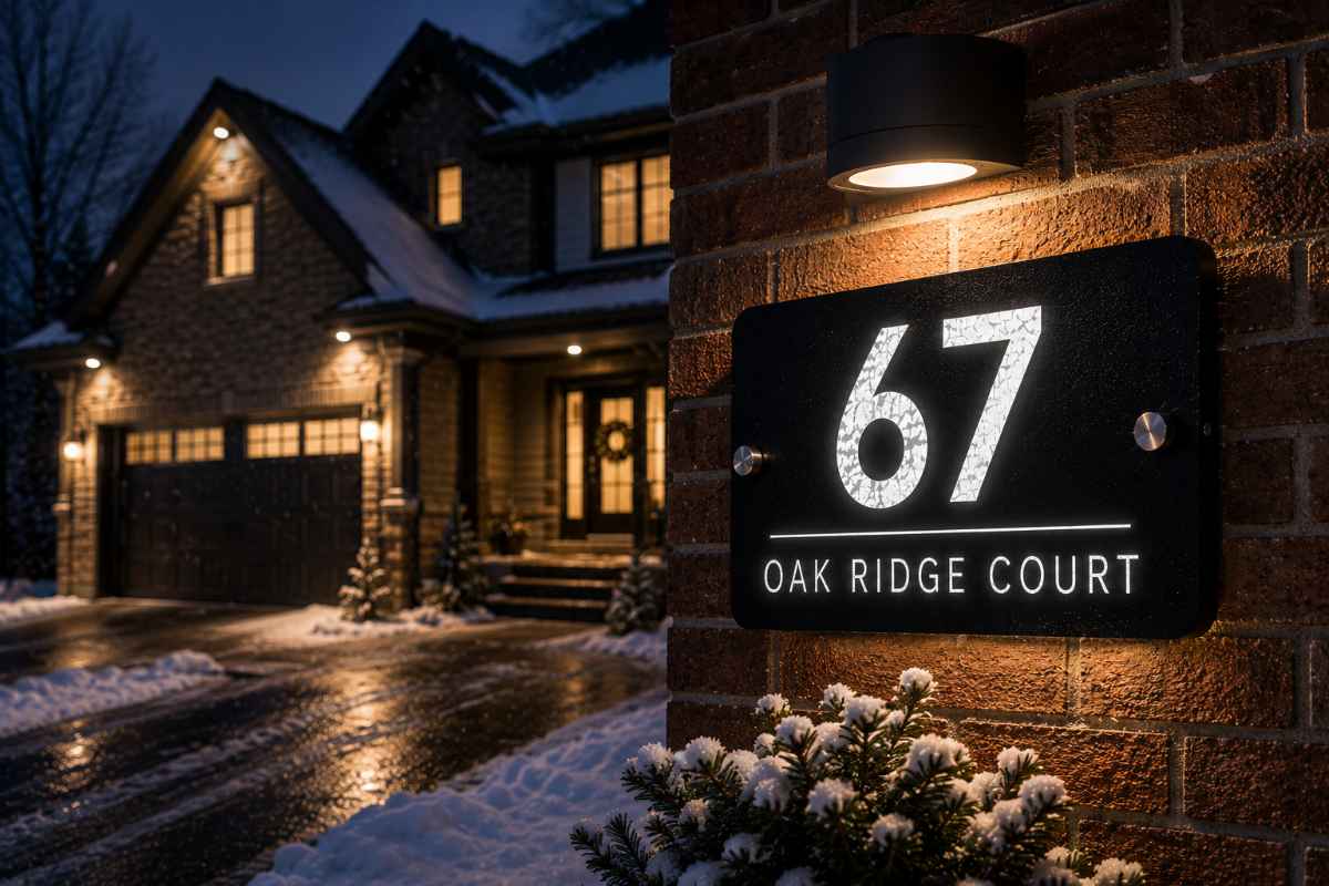 Reflective address sign at night