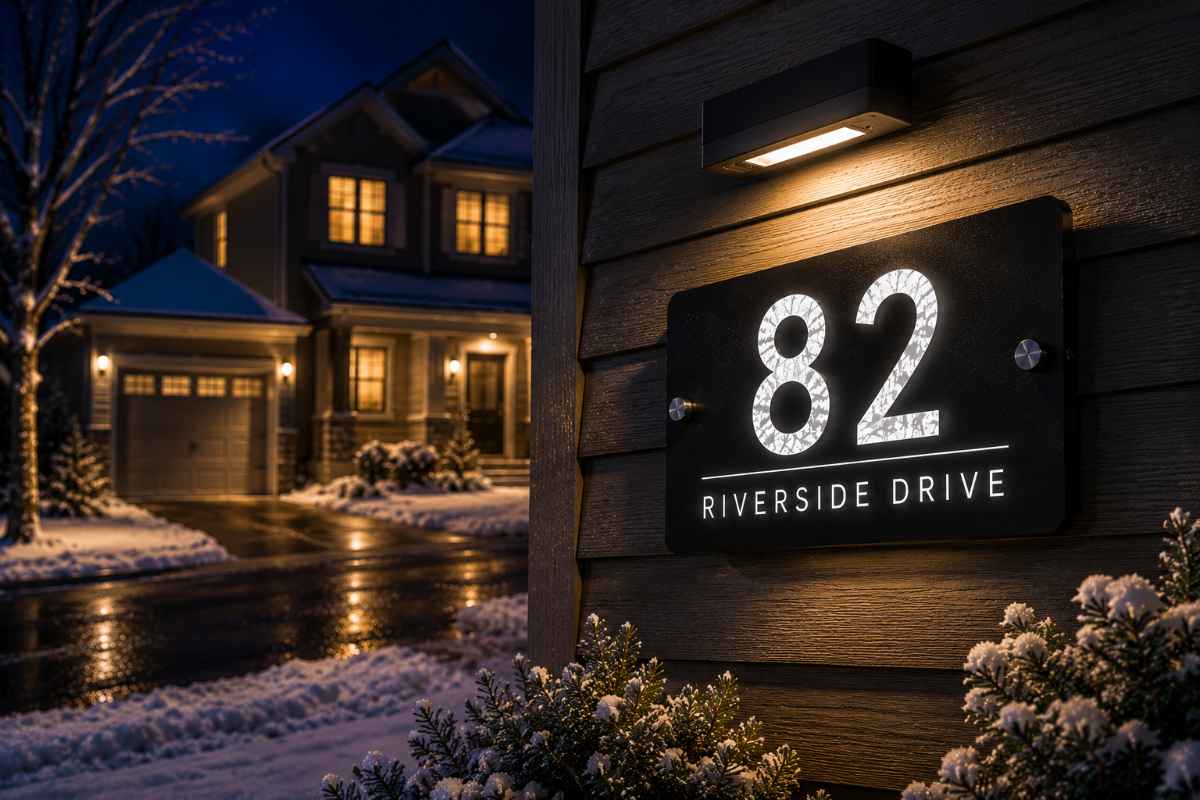 Reflective address sign at night