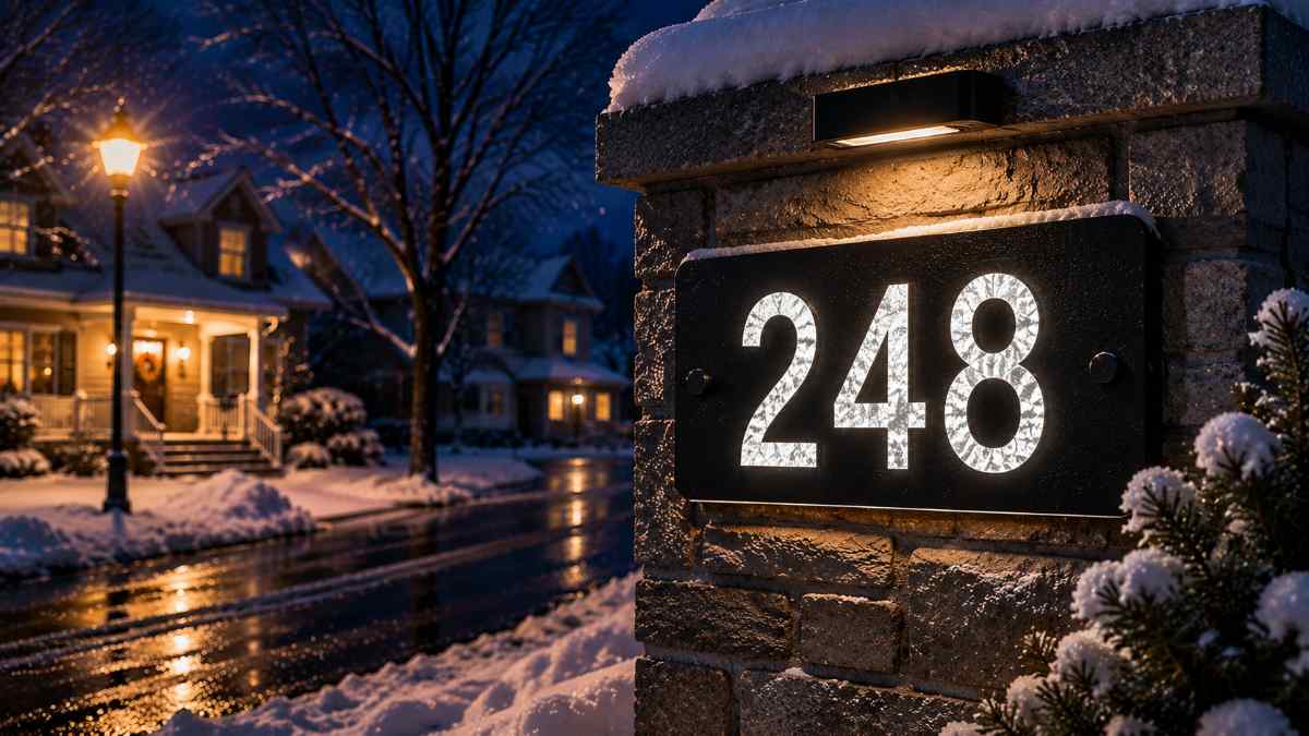 Reflective house number sign during winter conditions