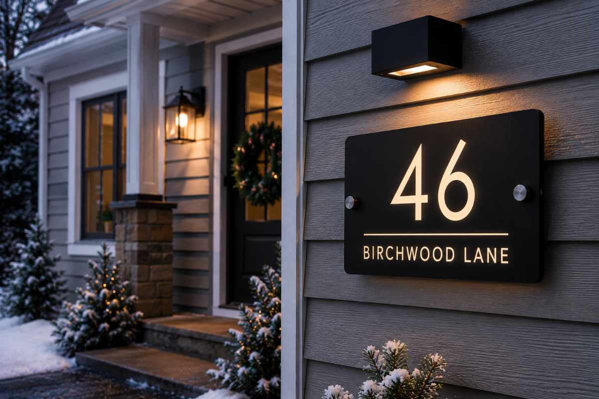 Outdoor address sign in residential property