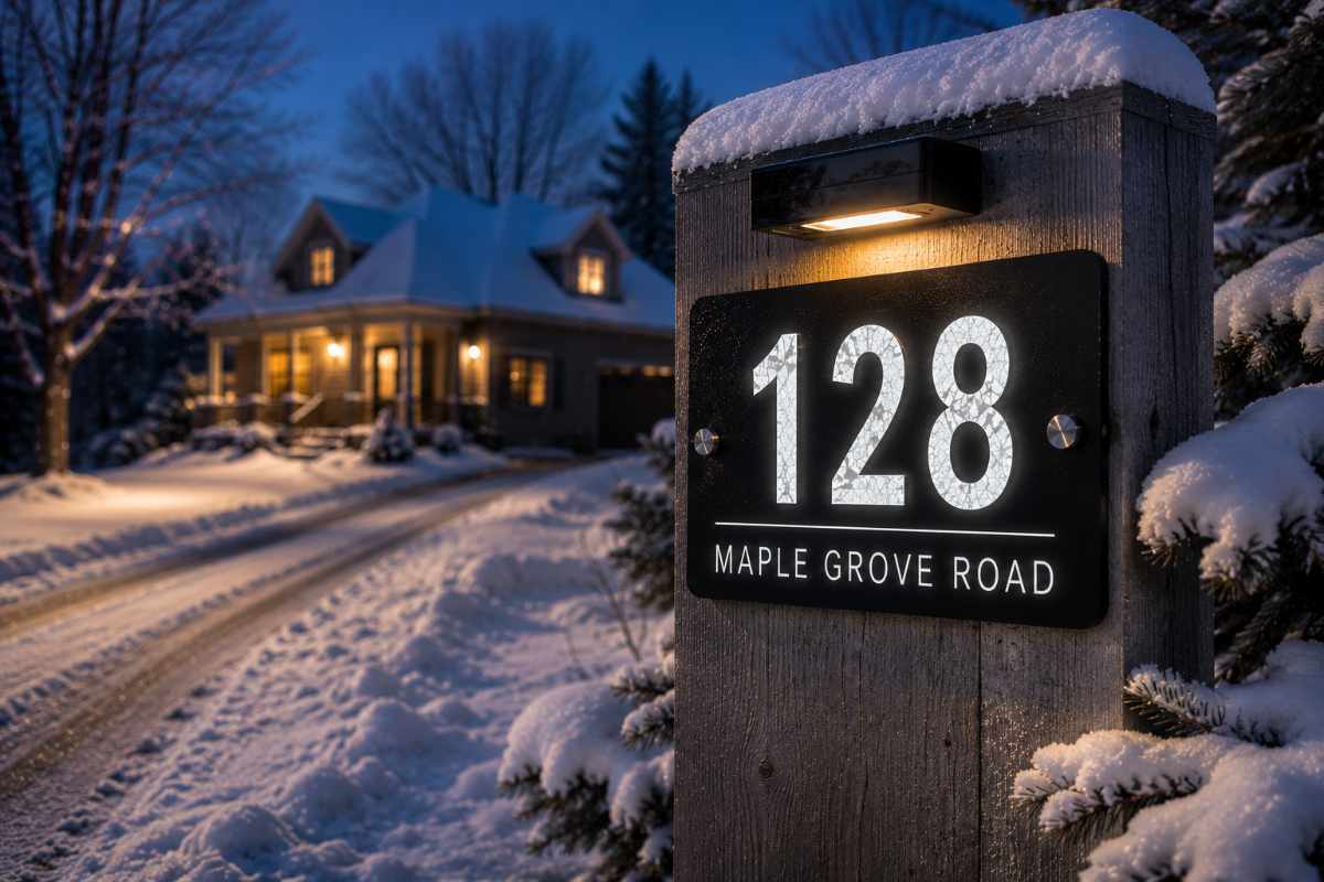 Reflective house number sign during winter conditions