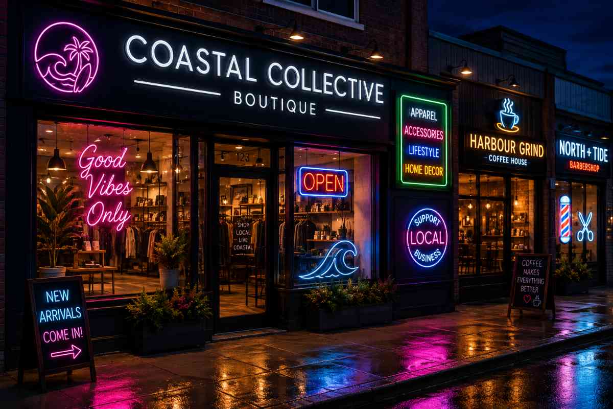 Commercial storefront signage with LED neon sign