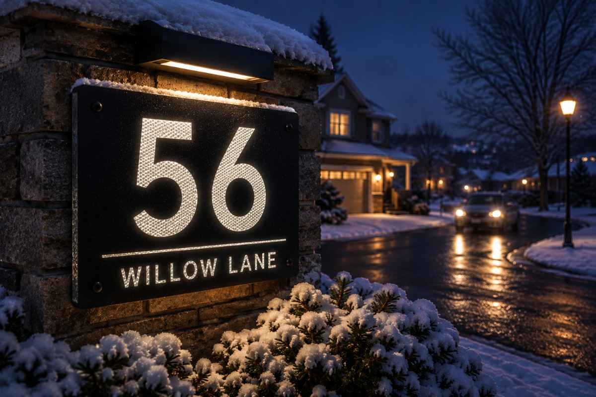 Reflective house number sign during snowy evening in Truro